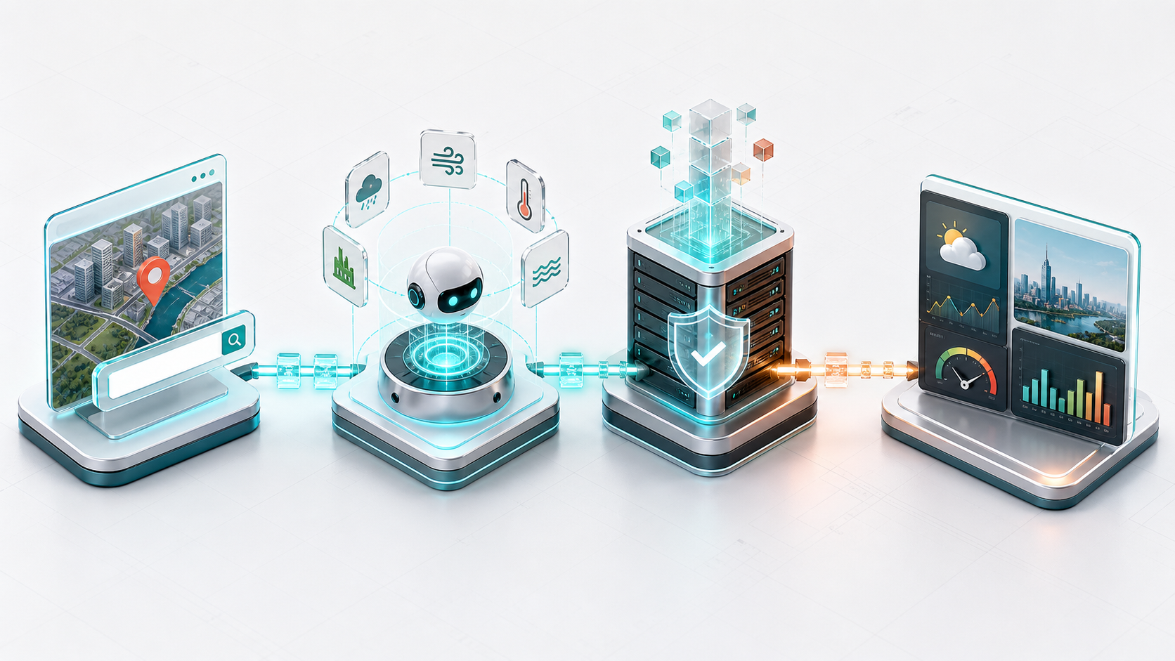 图片展示了Codex Sites与QVeris配合的系统架构。左侧是带有地图和定位标识的手机，中间是一个机器人，周围有天气、地图、图表等图标，右侧是服务器，服务器上有盾牌和对勾标识，最右侧是带有天气图表的手机。该图与上下文紧密相关，直观呈现了选定工具后，服务端携带search_id执行工具，将不同来源数据整理成统一数据模型，浏览器接收天气数据和脱敏调用摘要，不接触QVERIS_API_KEY，也看不到Authorization Header的链路过程。