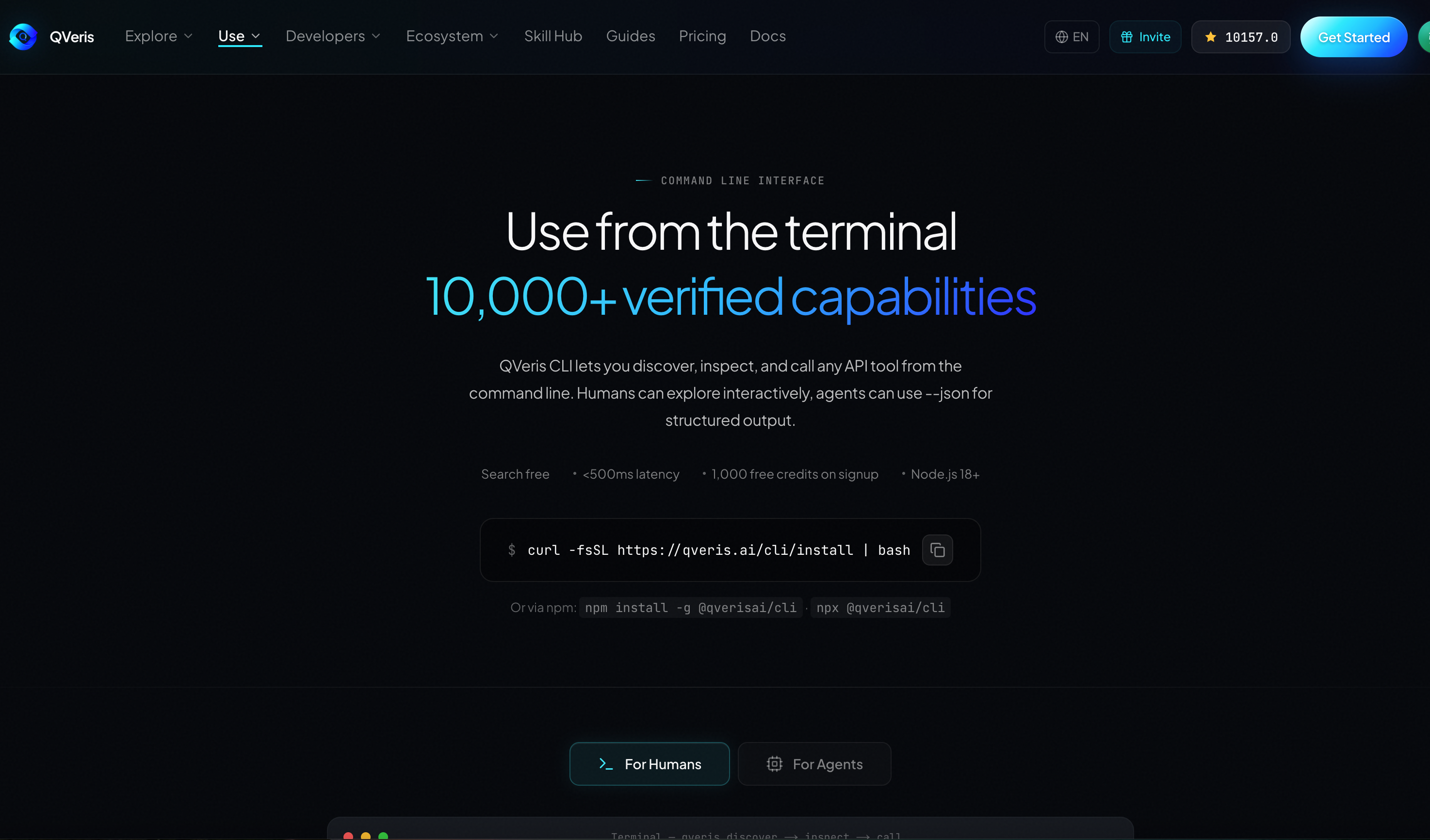 QVeris 官网 Use 页面，展示从终端使用 QVeris CLI，并强调可发现、检查和调用 10,000+ 验证功能。