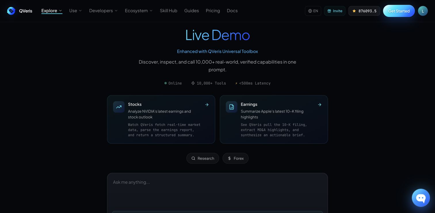 图片展示的是QVeris.ai Playground的Live Demo界面。界面顶部有导航栏，包括Explore、Use、Developers等选项。中间部分标题为“Live Demo”，下方文字介绍其可在一个提示中发现、检查并调用10,000+真实世界验证的能力。下方有“Stocks”和“Earnings”两个示例，分别涉及分析NVIDIA财报和总结苹果10-K报告要点等内容。底部有一个输入框，提示“Ask me anything...”，并有“Research”和“Forex”两个标签。该图片与上下文介绍的模型在面对需要外部信息问题时的Discover→Inspect→Call→Answer链路相呼应，展示了其功能。
