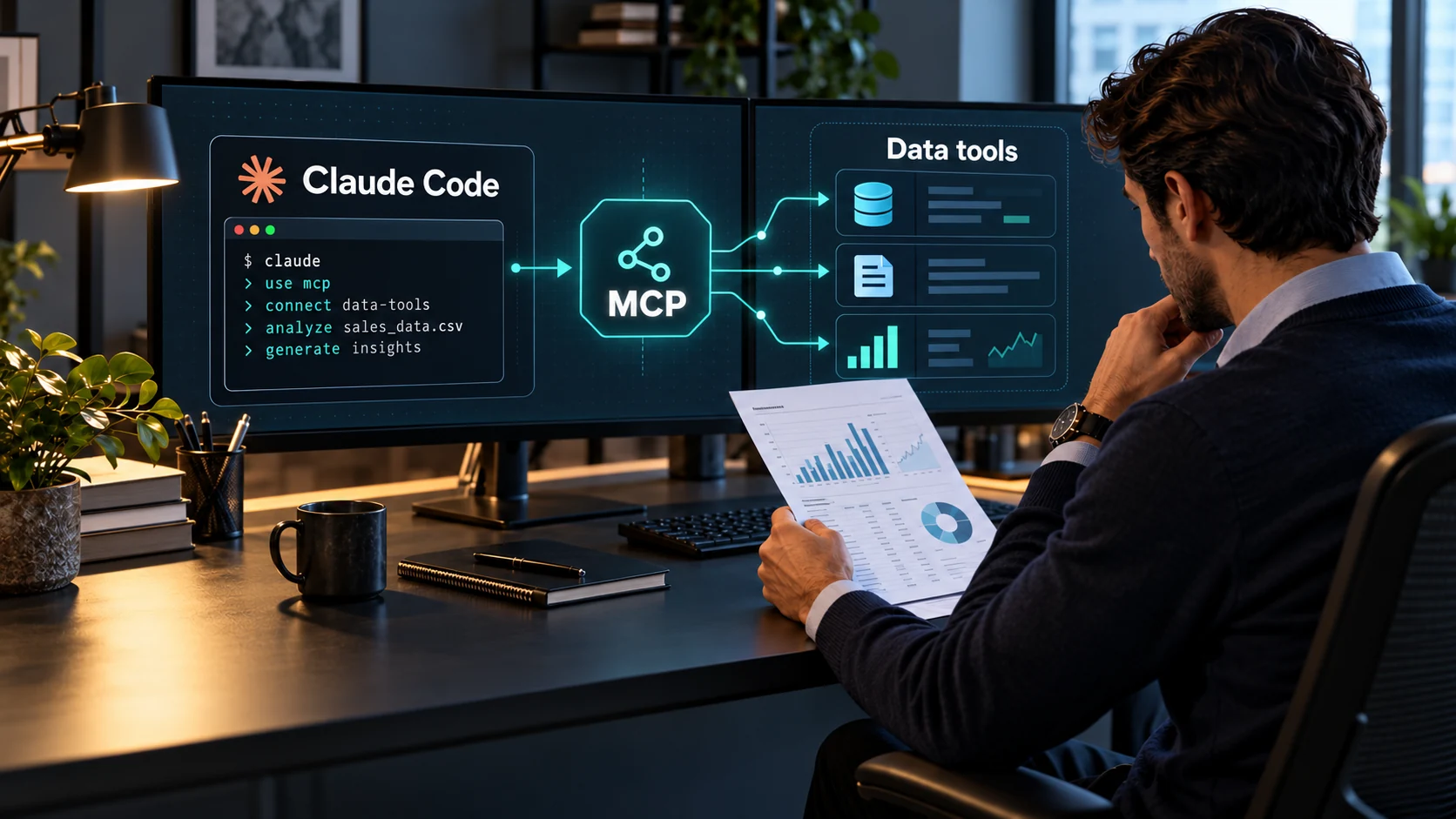 Conceptual illustration of Claude Code connecting to data tools through MCP while an analyst reviews a printed report.