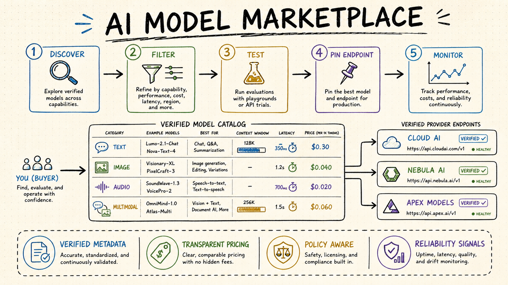 AI model marketplace catalog connected to generic provider endpoints and lifecycle monitoring