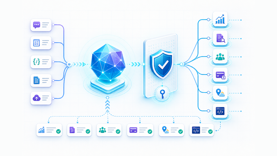 Claude workflow routing controlled requests through an orchestration gateway to six external API capabilities
