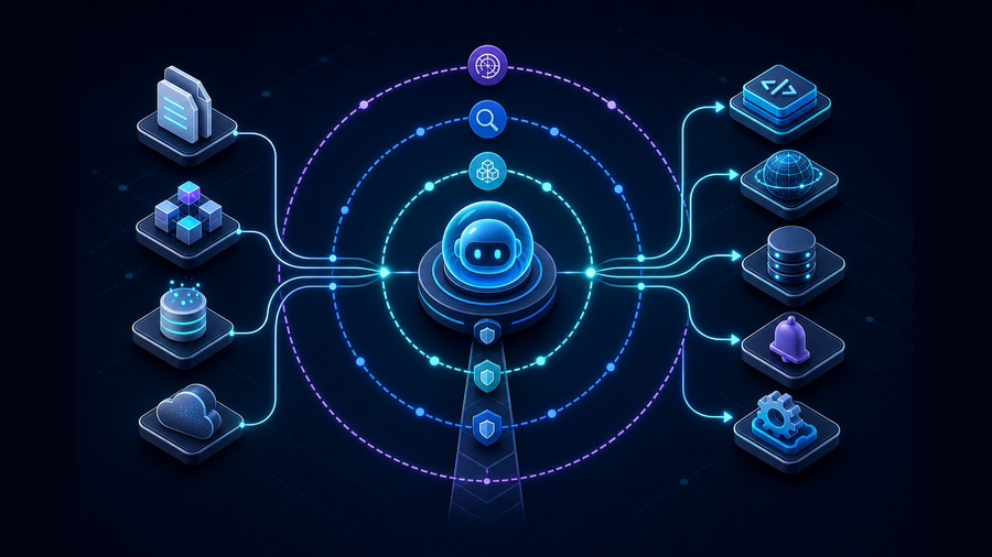 Codex agent routing controlled API calls to code, search, database, notification, and operations systems