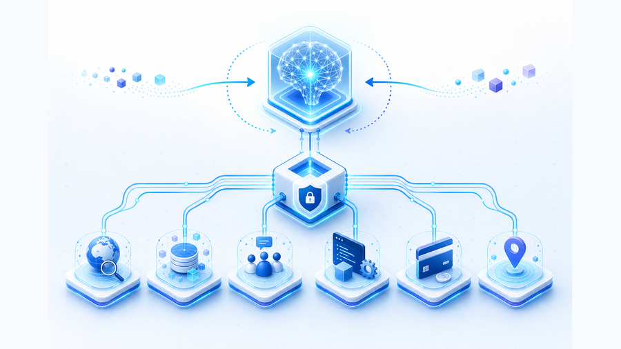 Gemini workflow routing controlled requests through an orchestration gateway to six external API capabilities