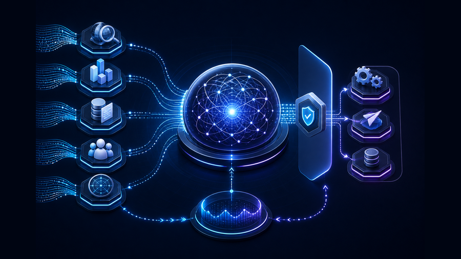 Grok reasoning core connected to research, data, knowledge, action, approval, and monitoring API layers