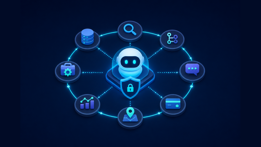 An AI coding agent routing requests through a secure gateway to multiple API capabilities