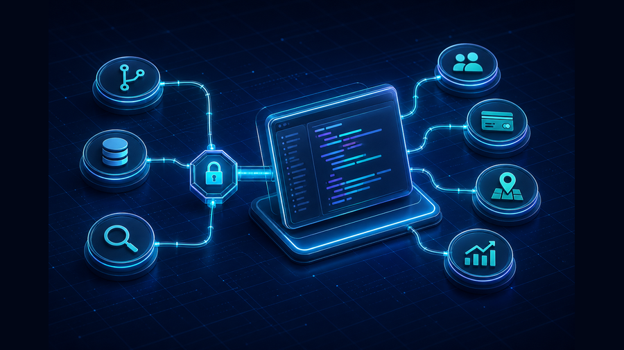 An AI coding agent routing requests through a secure gateway to multiple API capabilities