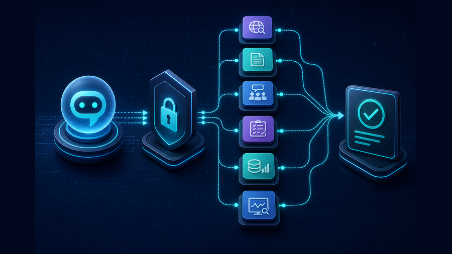 AI work assistant routing six API capabilities through a permission gateway to a verified result