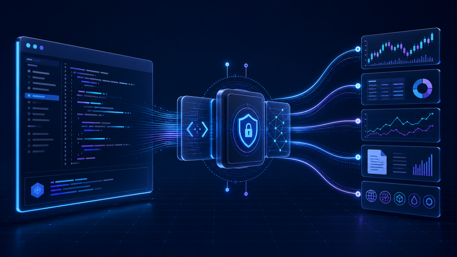 Financial data streams passing through a secure tool layer into a Cursor coding-agent workflow