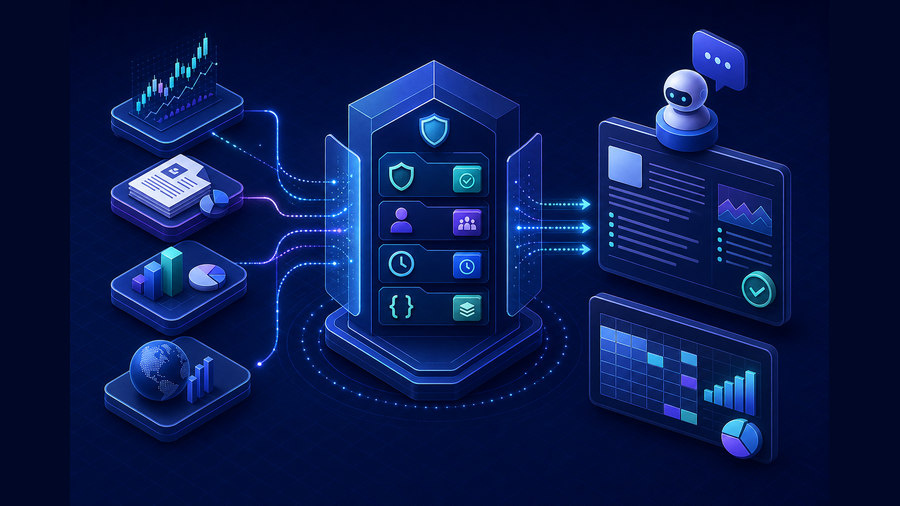 Financial data sources passing through permissions, freshness, provenance, and schema controls before reaching a Copilot workspace