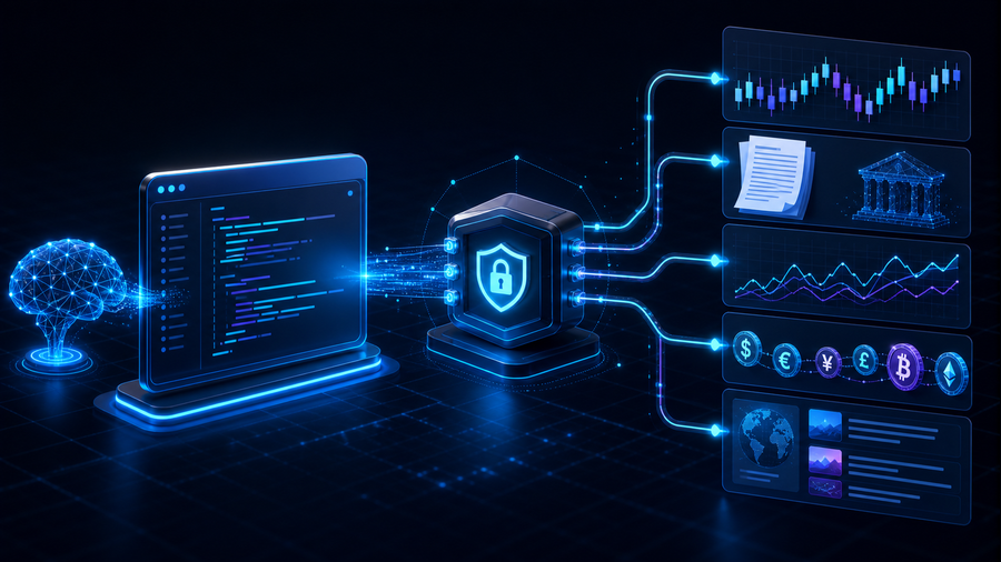 Financial data streams passing through a secure tool layer into an OpenCode coding-agent workflow