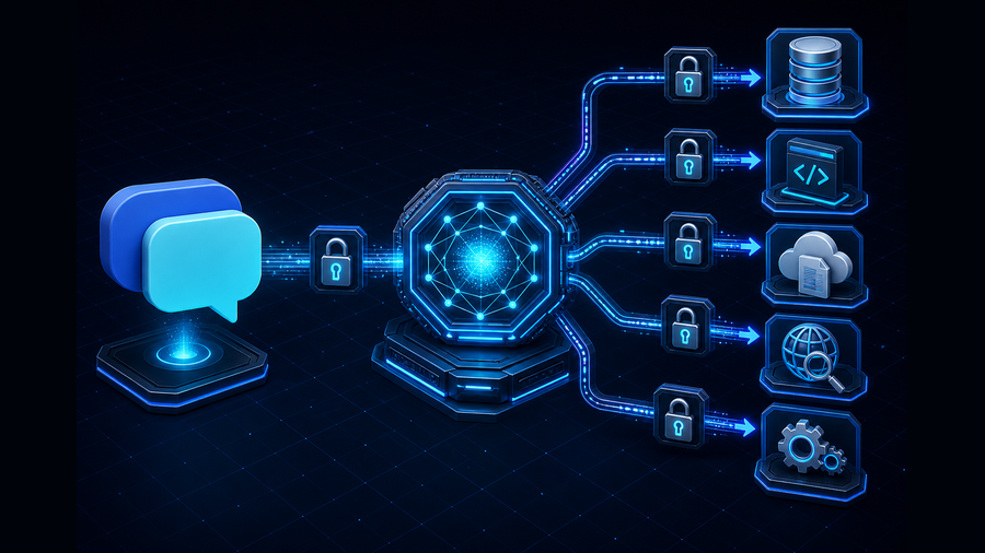Permission-gated routing from an AI chat assistant through an MCP hub to databases, code, documents, web research, and tools