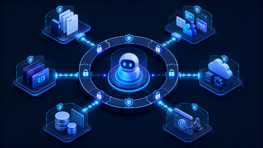AI assistant connected through a permission gateway to six enterprise data and tool zones