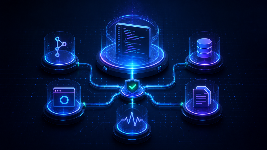 Replit agent hub connected through permission gates to web, documents, repositories, browser, database, files, memory, and location data