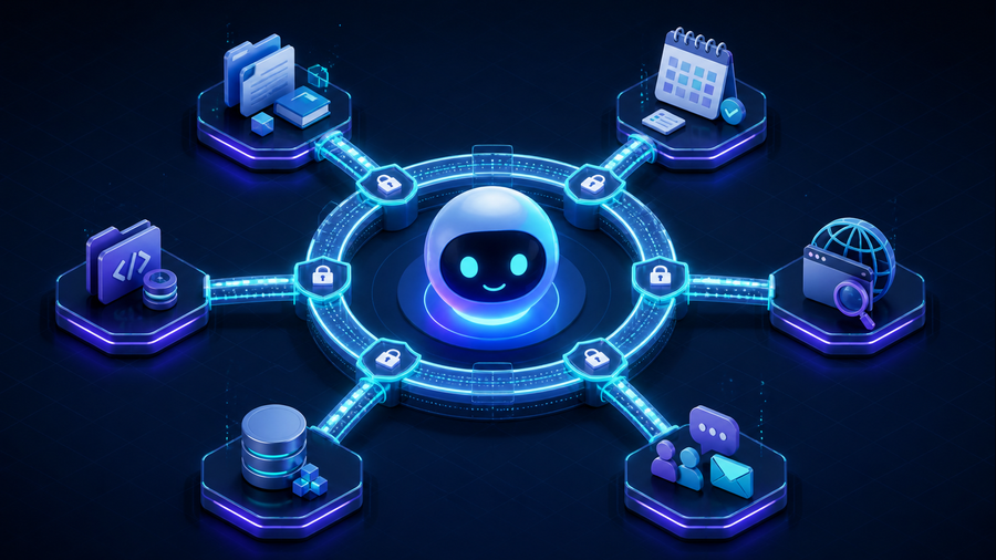 WorkBuddy connected through a secured MCP gateway to files, calendar, browser, code, databases, and communication tools