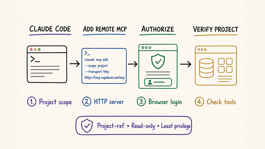 Whiteboard workflow for adding the hosted Supabase MCP server to Claude Code with project scope, browser authorization, and read-only access
