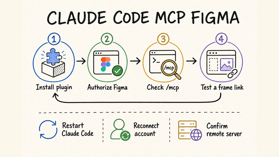 Hand-drawn Claude Code MCP Figma setup showing plugin installation, Figma authorization, connection verification, a frame-link test, and troubleshooting checks