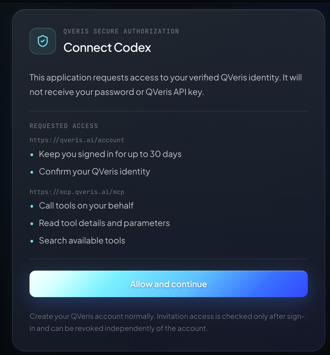 Example QVeris authorization screen showing requested access and Allow and continue button