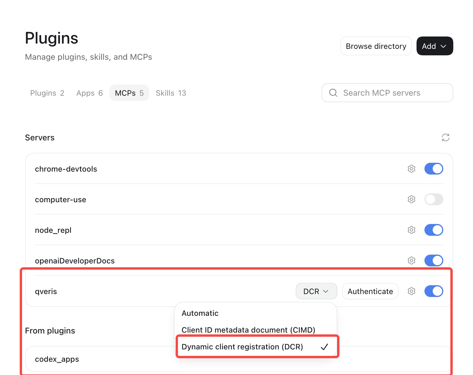 Desktop QVeris server with DCR selected and Authenticate button