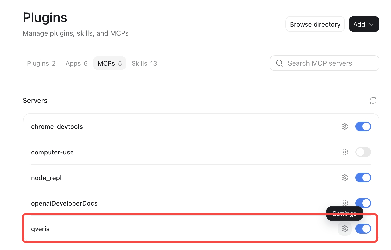Desktop MCP server list with QVeris enabled