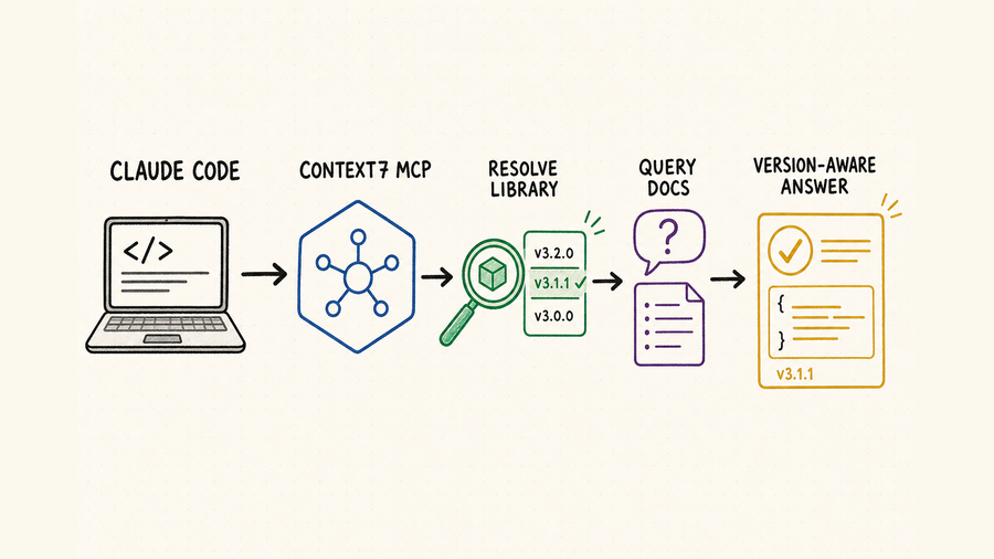 Whiteboard workflow from Claude Code through Context7 MCP to library resolution, documentation retrieval, and a version-aware answer