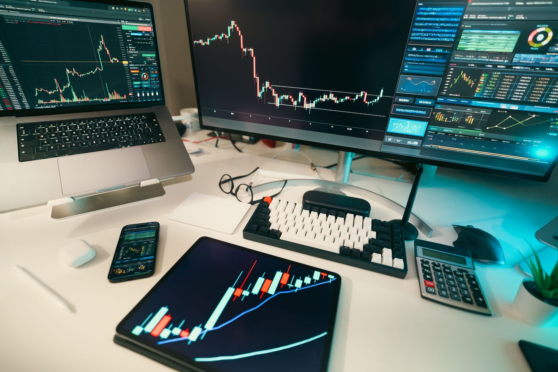 multi-screen cryptocurrency market data workstation