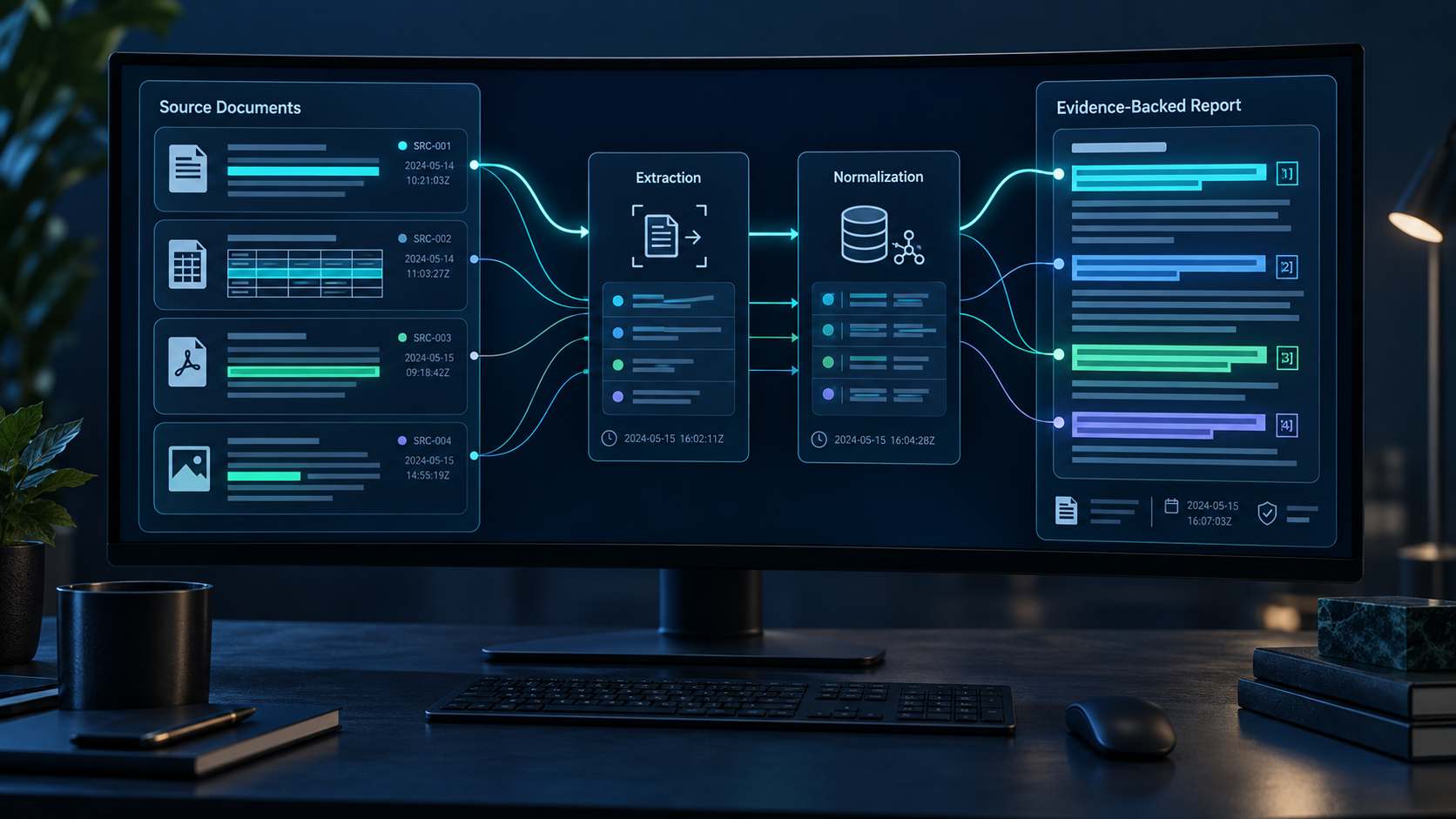 Data lineage workflow linking original document passages and table rows through extraction and normalization to cited evidence in a report.