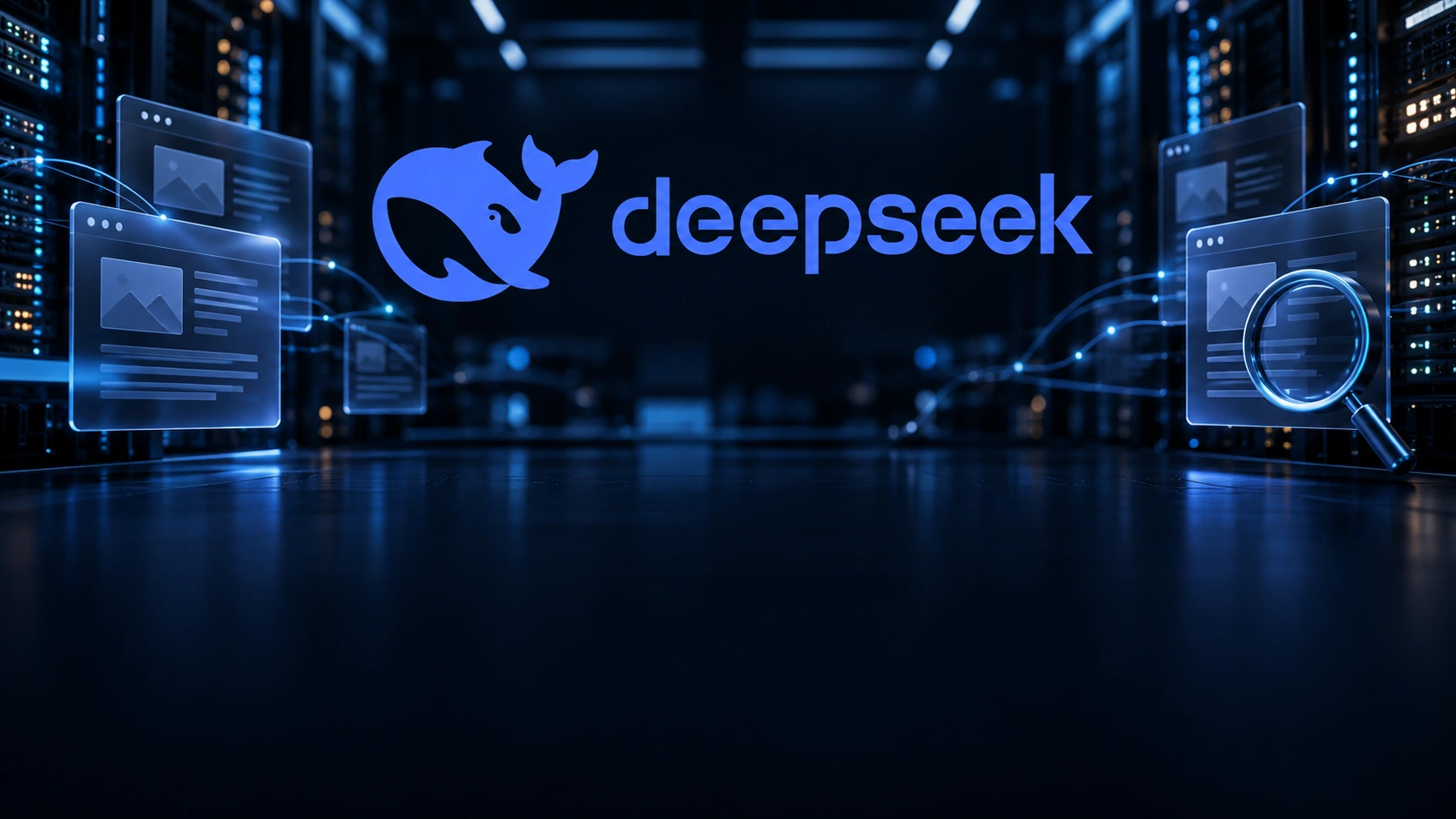 DeepSeek 蓝色鲸鱼 Logo 与品牌字标，搭配网页和放大镜元素，呈现网页搜索与抓取主题。