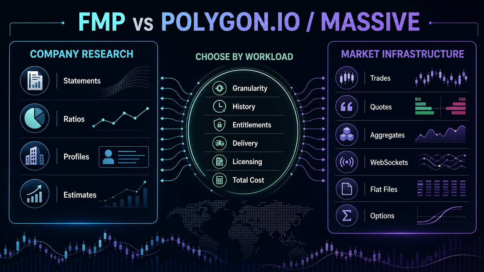 FMP versus Polygon.io and Massive decision map comparing company research with trades, quotes, aggregates, WebSockets, Flat Files, options, history, entitlements, licensing, and total cost