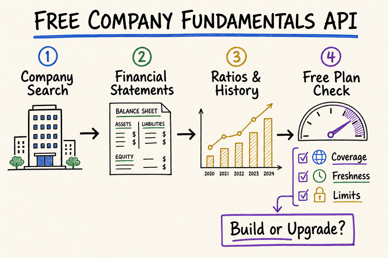 Hand-drawn workflow for evaluating company search, financial statements, ratios, history, coverage, freshness, and free-plan limits