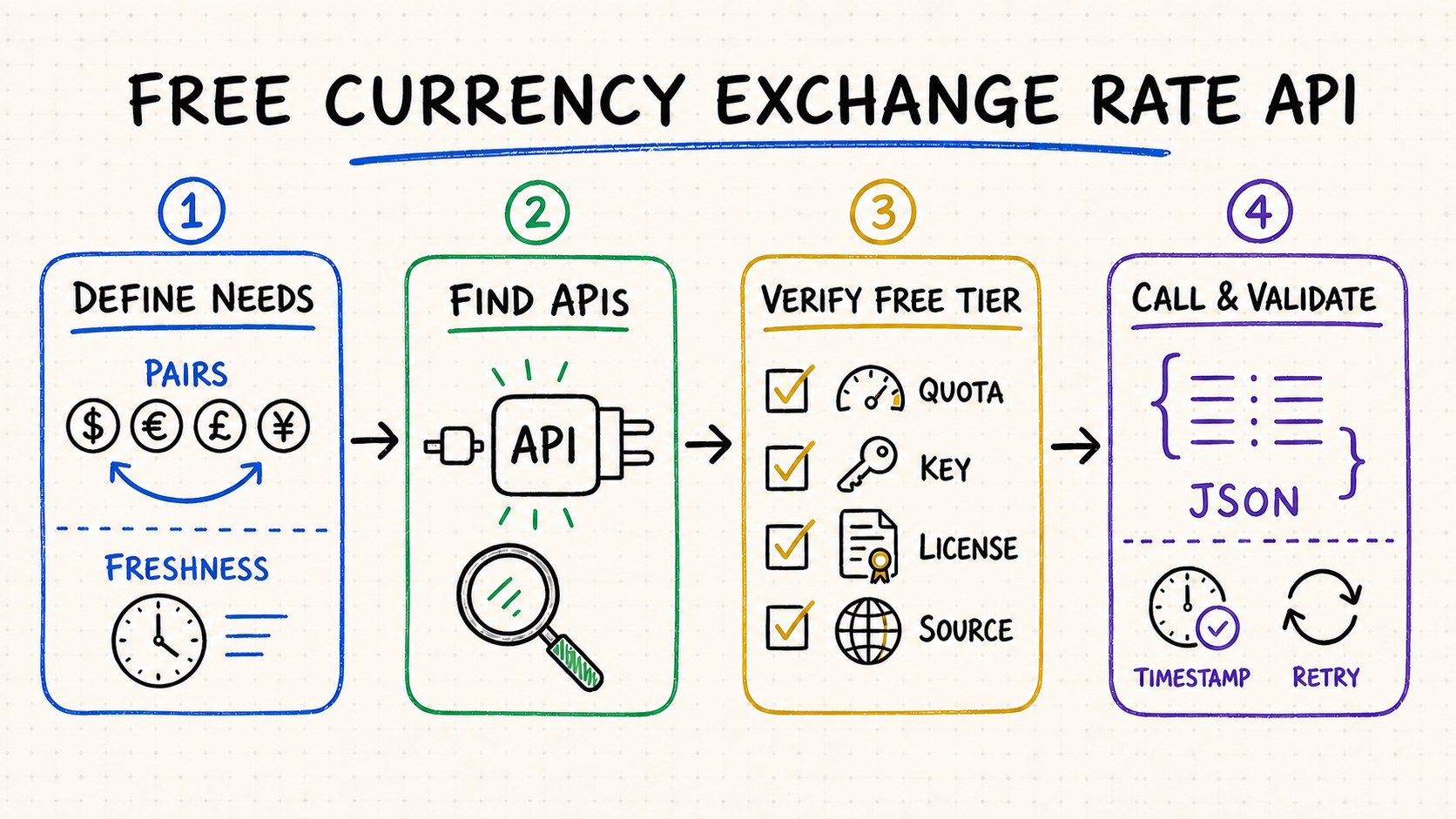 Whiteboard workflow for comparing free currency exchange rate APIs, checking keys and quotas, and validating JSON responses