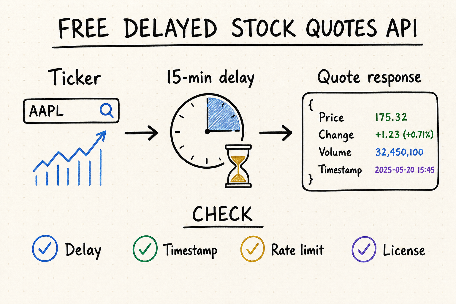 Hand-drawn free delayed stock quotes API workflow from ticker symbol to price, bid and ask, volume, timestamp, and free-tier checks