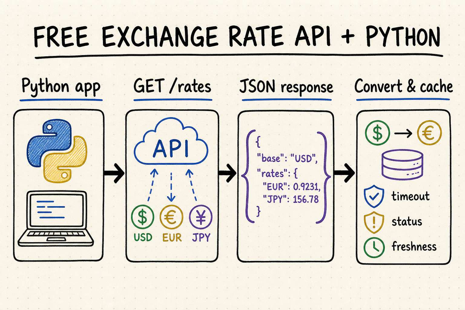 Whiteboard workflow showing a Python app requesting free exchange rates, parsing JSON, converting currencies, and caching results