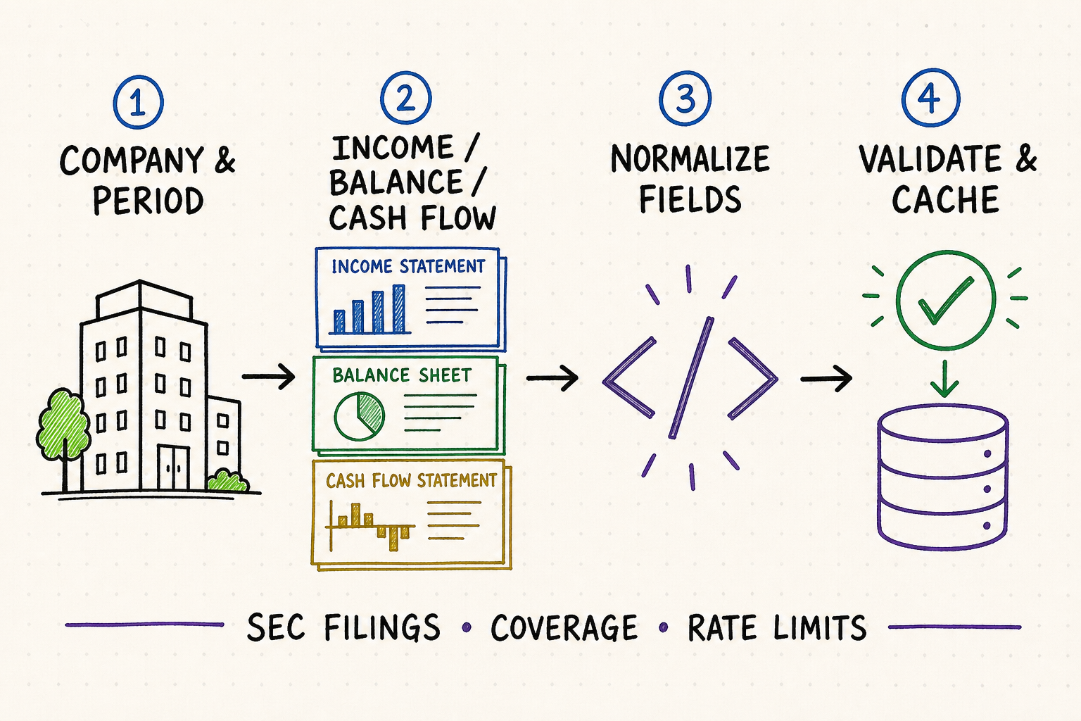Hand-drawn workflow for collecting, normalizing, validating, and caching company financial statements