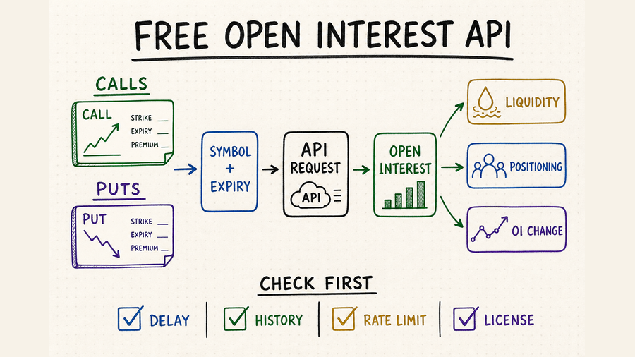 Hand-drawn free open interest API workflow showing option contracts, API requests, open interest signals, and data checks