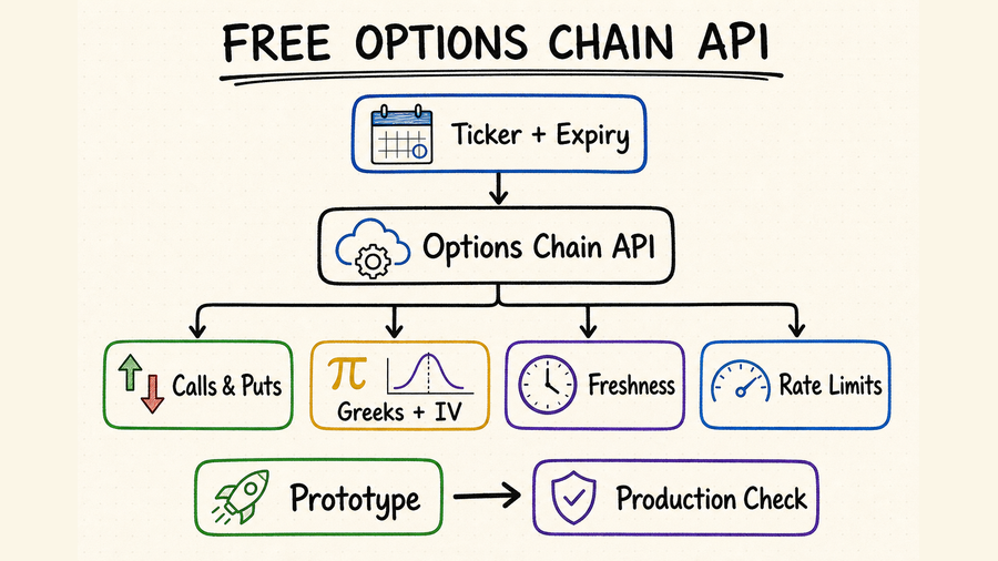 Hand-drawn free options chain API workflow covering calls, puts, Greeks, implied volatility, freshness, and rate limits