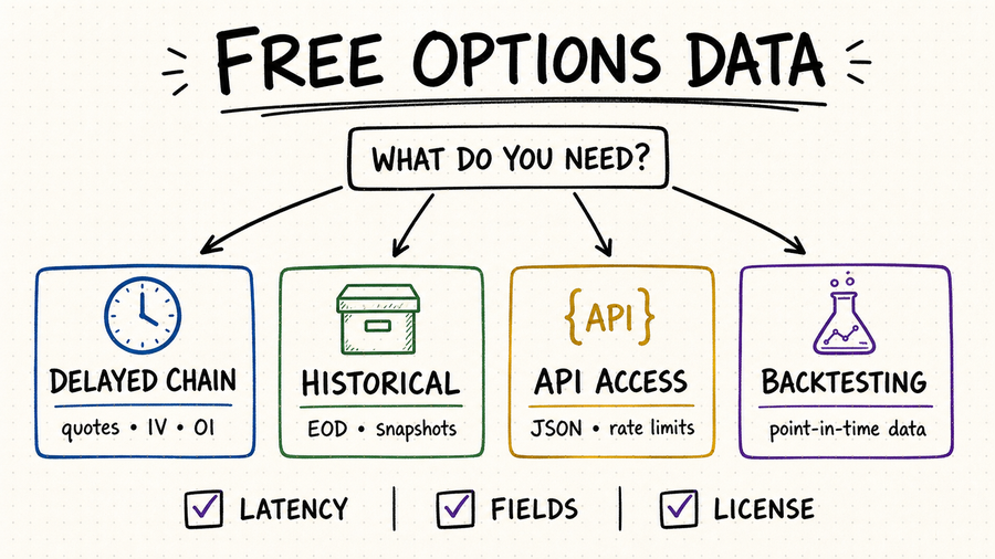 Hand-drawn decision map for choosing free options data by latency, fields, access method, and license