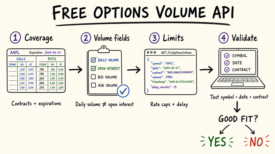 Hand-drawn checklist for evaluating a free options volume data API by coverage, fields, limits, and validation