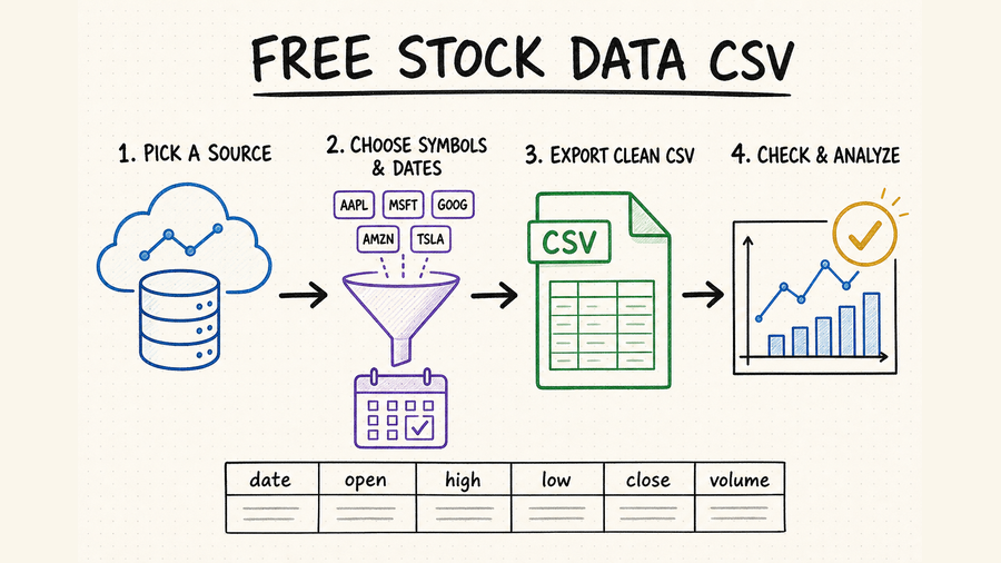 Hand-drawn workflow for choosing a free stock data source, selecting symbols and dates, exporting clean CSV, and checking the file