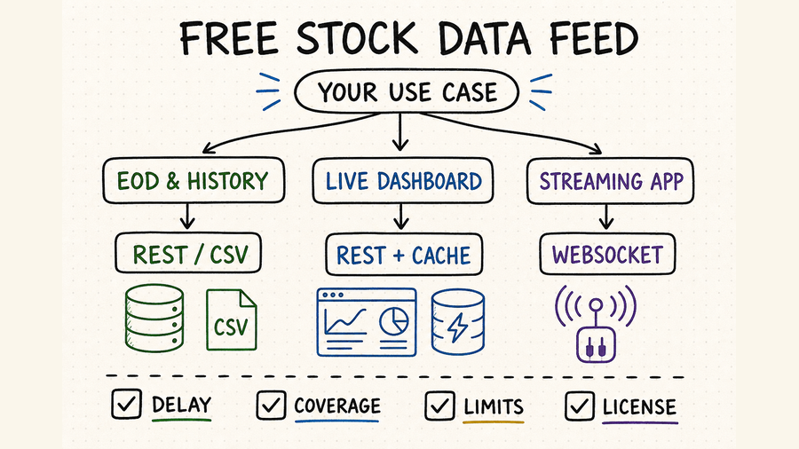 Whiteboard decision map for choosing a free stock data feed by use case, format, delay, coverage, limits, and license