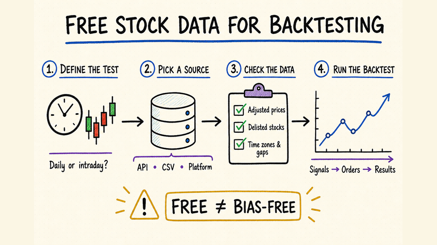 Whiteboard workflow for defining a backtest, choosing a free stock data source, checking quality, and running the test