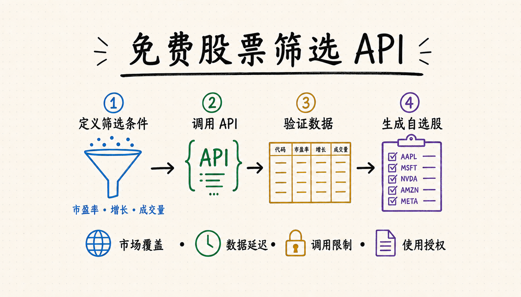 免费股票筛选 API 工作流，展示筛选条件、API 调用、数据校验和观察列表