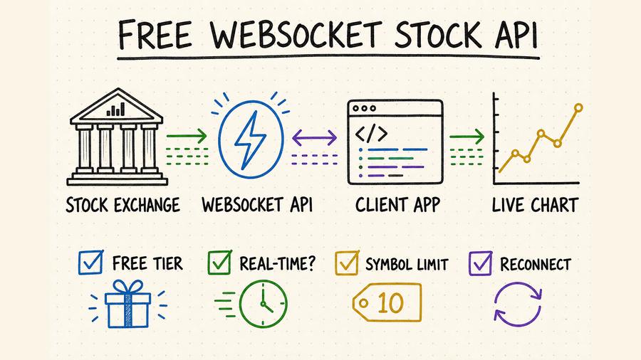Hand-drawn workflow showing a stock exchange streaming through a free WebSocket API to a client app and live chart
