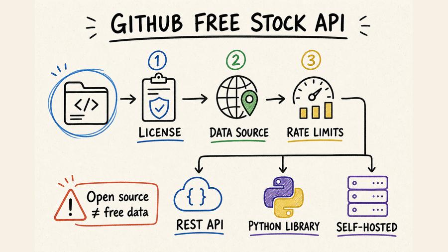 Hand-drawn GitHub free stock API decision map covering license, data source, rate limits, REST, Python, and self-hosting