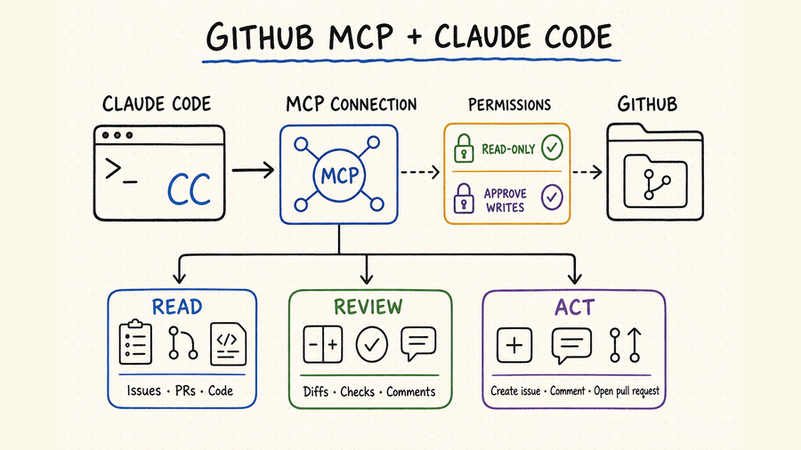 Whiteboard workflow from Claude Code through an MCP connection and permission gate to GitHub reading, review, and approved actions