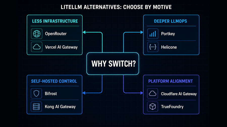 Decision map grouping eight LiteLLM alternatives by infrastructure, LLMOps, self-hosting and platform alignment