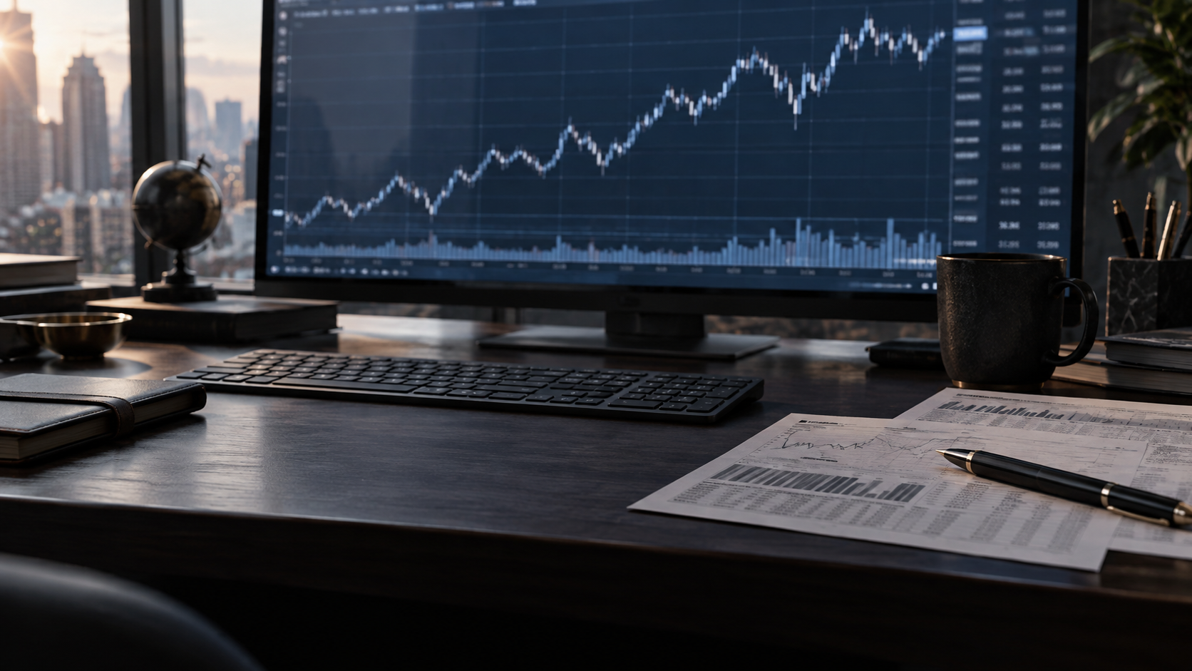 A market-research desk with a chart monitor, printed research and a pen; illustrative scene, not a live data result.