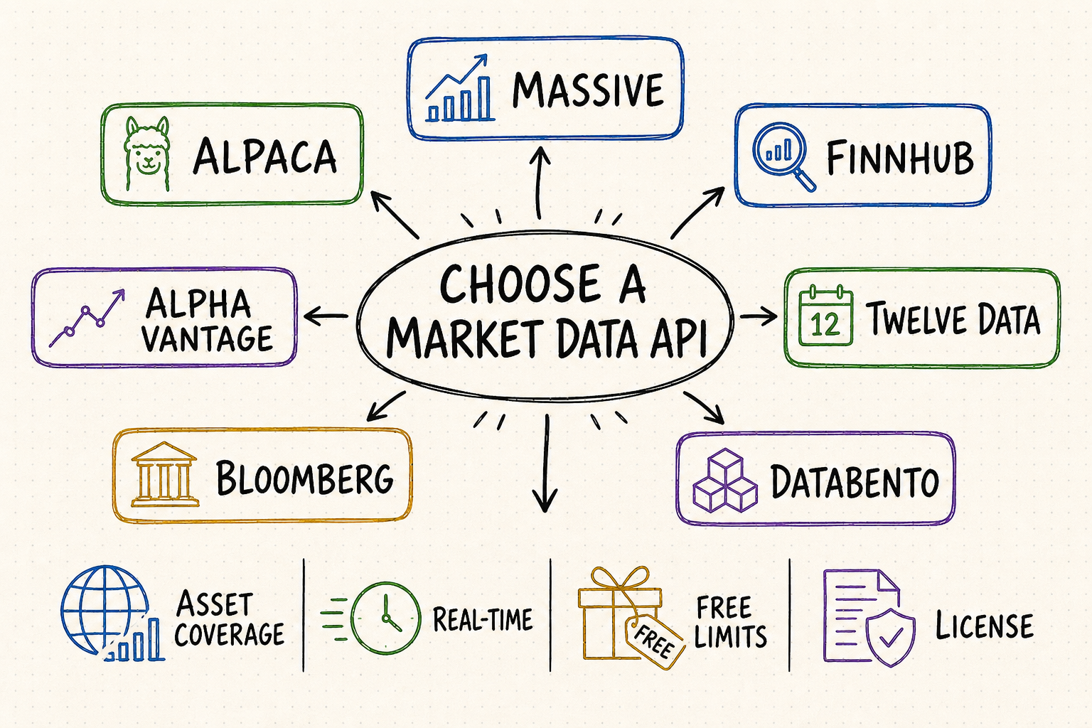 Whiteboard decision map comparing seven market data APIs by asset coverage, real-time access, free limits and licensing
