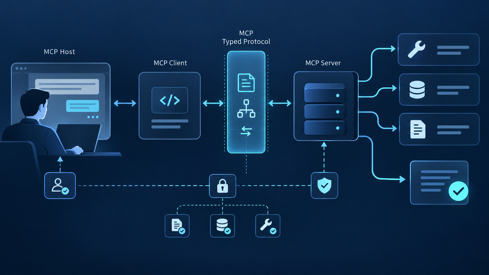MCP architecture diagram linking a host, client and server to tool, database and document icons.