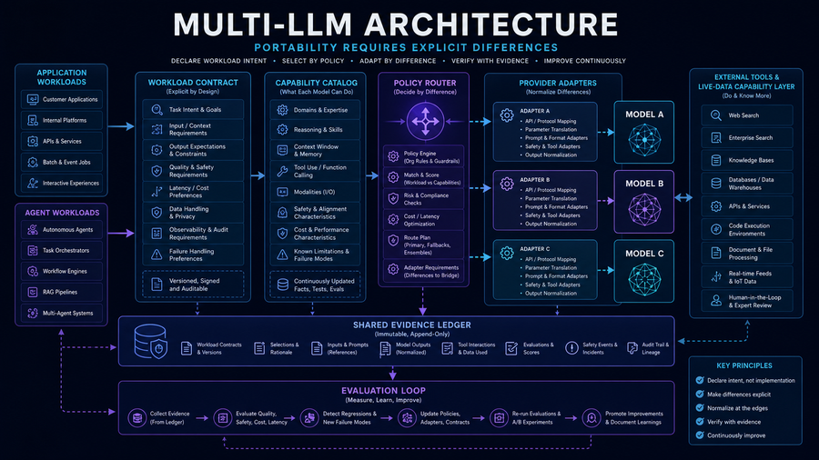 Multi-LLM architecture with workload contracts, capability catalog, policy router and evidence loop